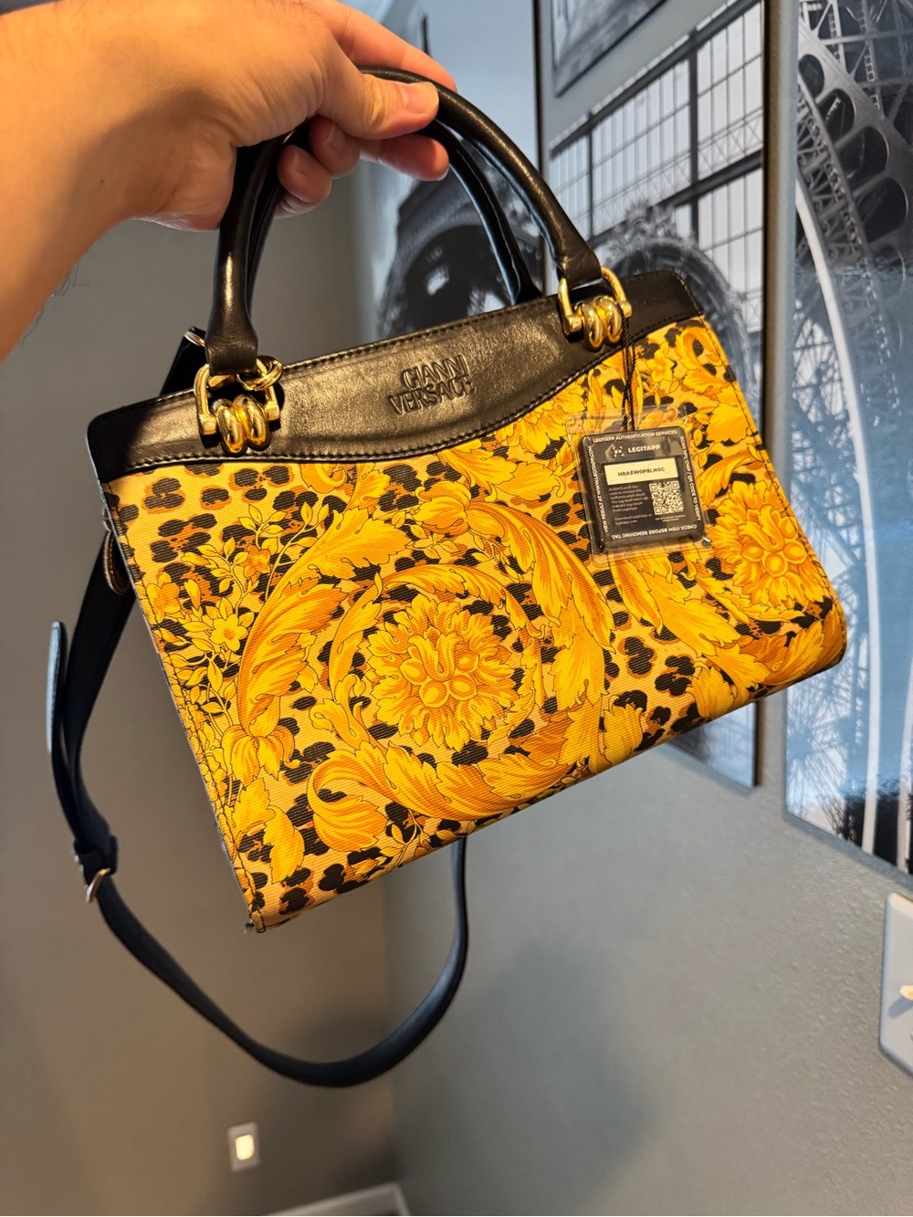 Versace Yellow Baroque & Leopard Print Satchel with Black Handle - Picture 12 of 13